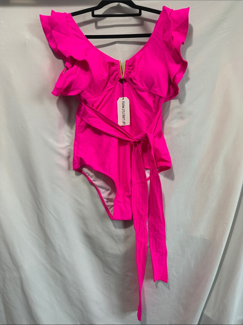 Ruffled Bright Pink One-Piece Swimsuit with Waist Tie